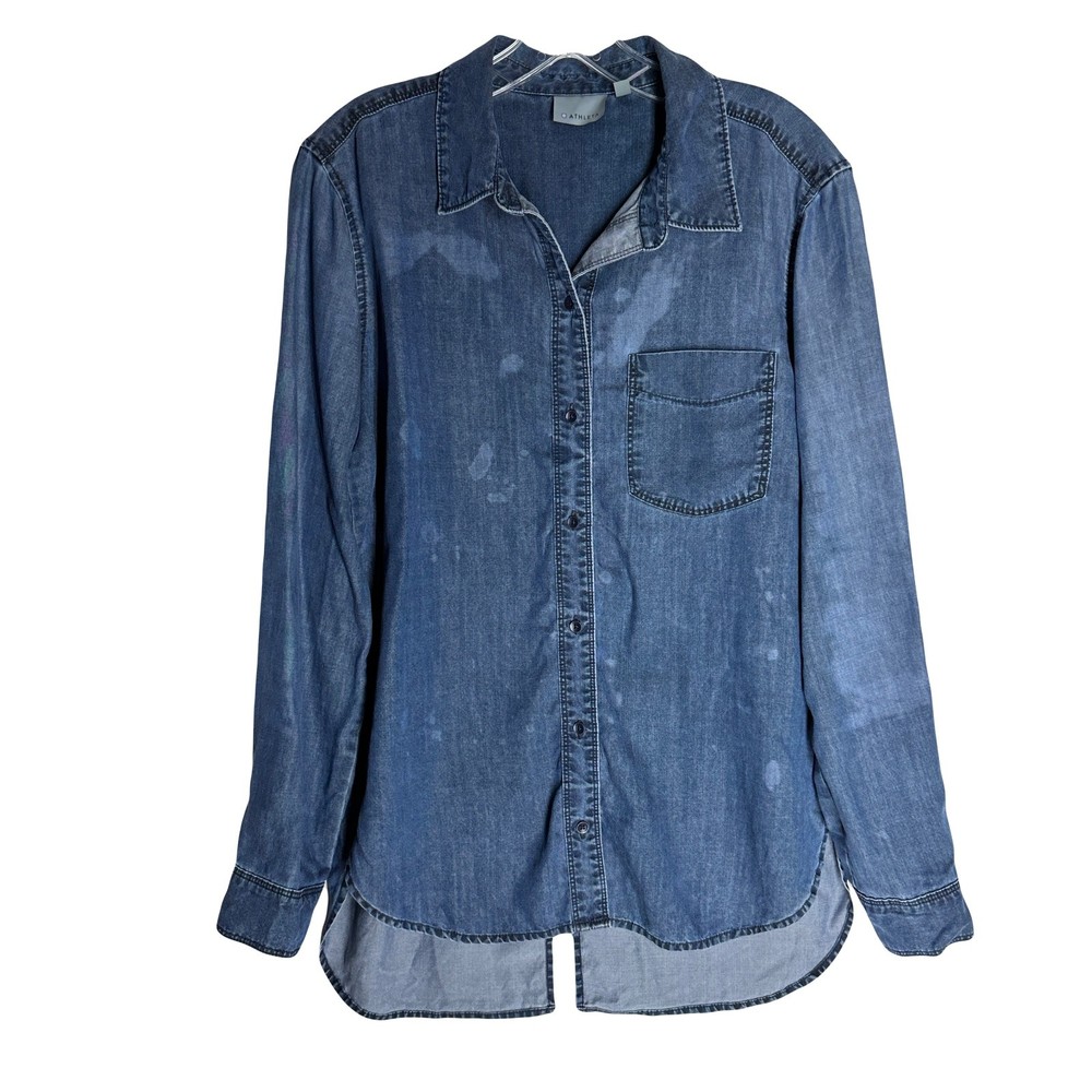 Athleta Womens Button Up Shirt S Western Classic Distress Tencel Denim Chambray